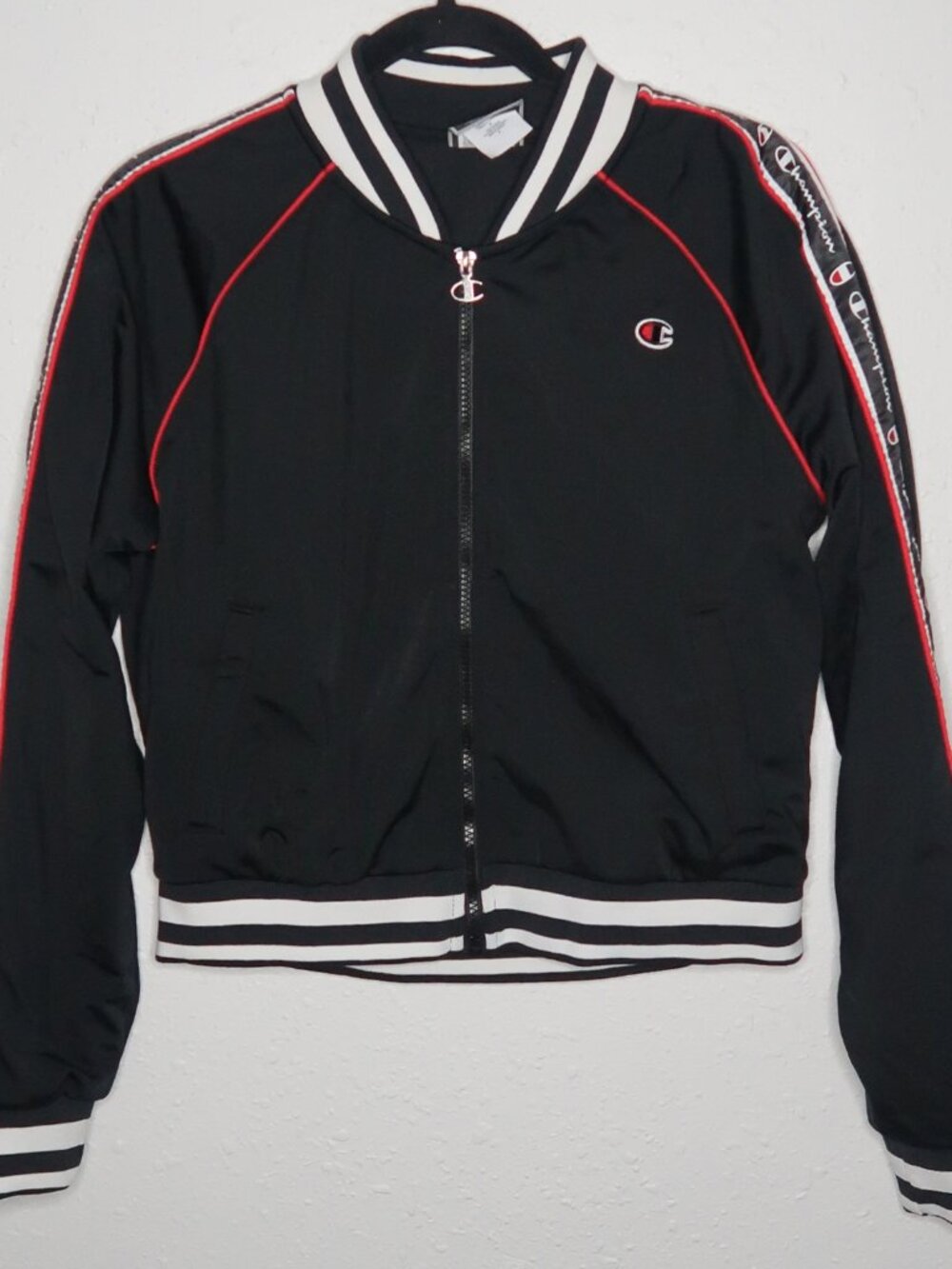 Champion Black Track Jacket Full Zip Logo Tape Sleeve
